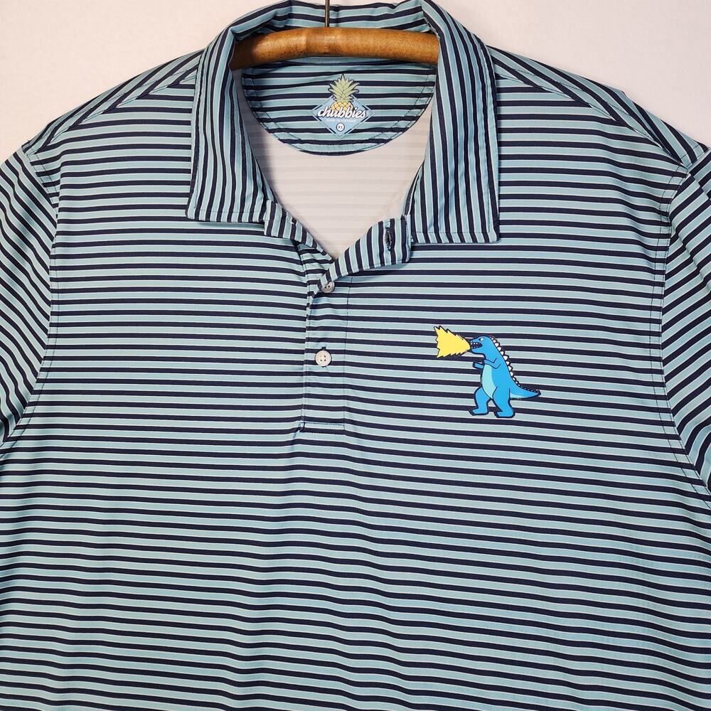 Chubbies Preppy Fired Up T-Rex Polo Men XL Blue Stripe Golf Shirt Stretch Funny
